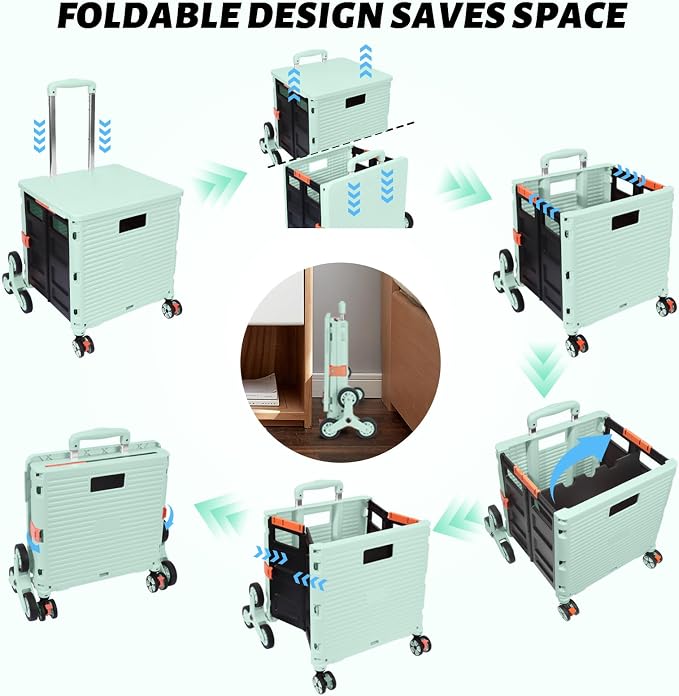 FELICON SELORSS Folding Utility Climber Cart Portable Rolling Crate-Green | Stair Climbing Wheels+360°Swivel Wheels,Telescoping Handle,Plastic Box Dolly for Travel Shop Move Laundry Office Teacher Use - Image 4