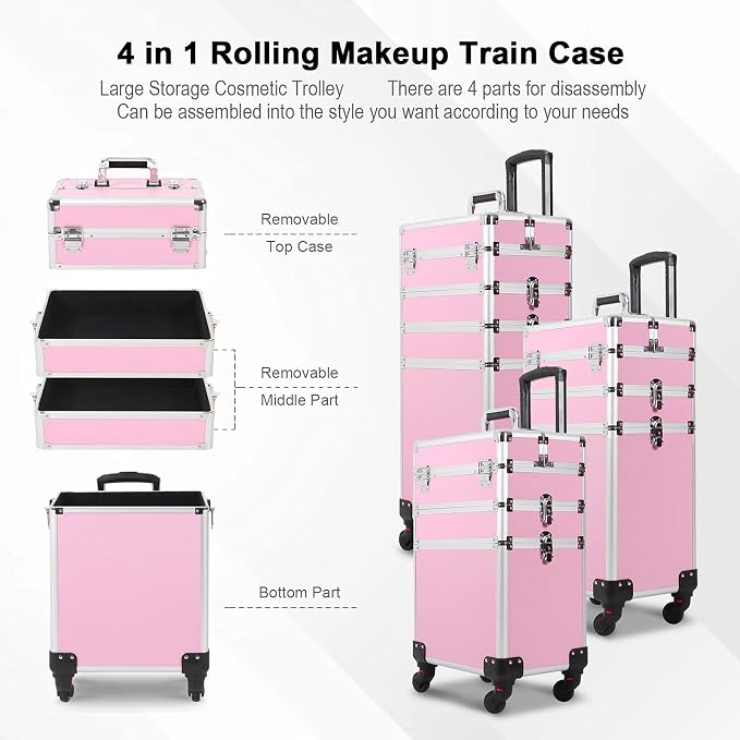 4 in 1 Rolling Makeup Train Case, Large Storage Cosmetic Trolley Makeup Travel Case with Key & Wheels Salon Barber Case Traveling Cart Trunk, Pink - Image 3