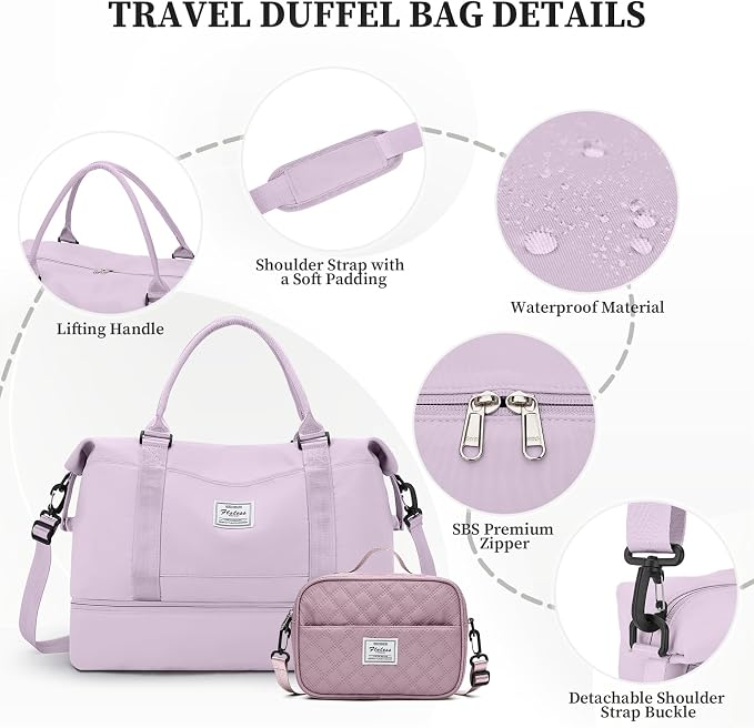 Weekender Bags for Women,Personal Item Travel Bag with Shoes Compartment | Overnight Travel Duffel Bag with Grid Toiletry Bag,Carry-On Bag,Extra Large - Image 5