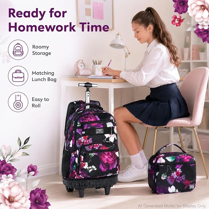 3Pcs Rolling Backpack for Girls, 19 Inche Rose Roller Bag with Wheels, Adults Wheeled Bookbag Set for Women(Black) - Image 8