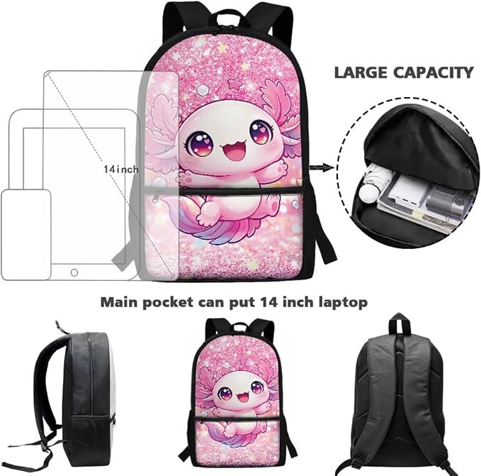 Sparkle Axolotl Kids Backpack 4-Piece Set, 17'' Cute Bookbag with Lunch Bag, Pencil Case & Water Bottle Holder, Lightweight School Bag Gifts for Girls Age 6-12 - Image 4