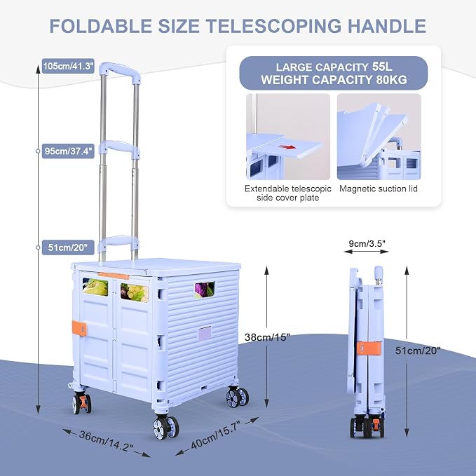 FELICON SELORSS Folding Utility Cart Portable Rolling Crate Handcart-Blue | Magnetic Sliding Lid,Telescoping Handle,Plastic Box Dolly,360°Swivel Wheels for Travel Shop Move Laundry Office Teacher Use - Image 4