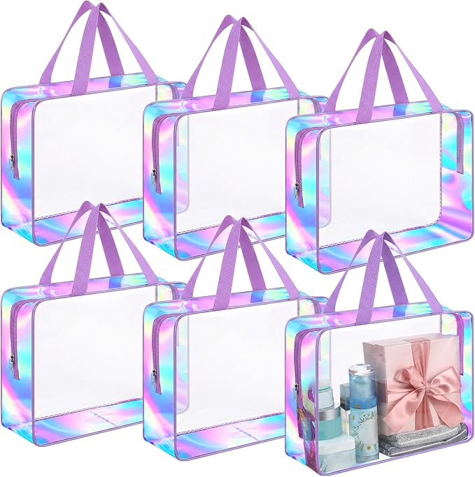 Sweetude 6 Pcs Large Clear Toiletry Bag with Handle Large Capacity Travel Iridescent Beach Makeup Bag PVC Clear Plastic Tote Punch Cosmetic Clothes Storage Organizer for Women Men (Purple) by Sweetude