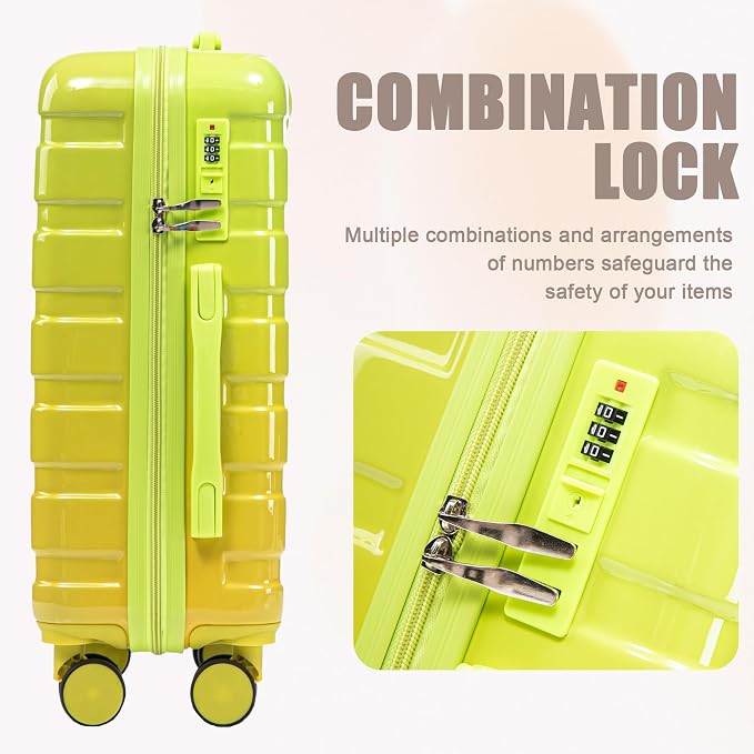 GDFStudio 14/20 Inch 2 Piece Luggage Set,PC Hard Shell Spinner Suitcase,Combination Lock,360° Silent Wheels, Retractable Handle,Carry On Travel Luggage with 14” Cosmetic Case,Gradient Yellow-Green - Image 6