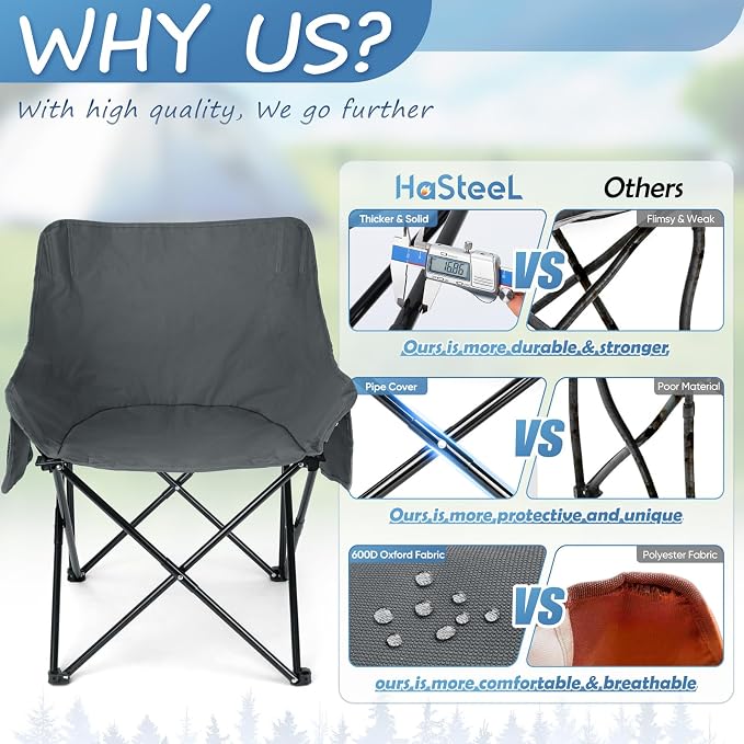 HaSteeL Camping Chair for Adults, Compact Folding Portable Chairs Set with Side Pockets for Outdoors Fishing, Hiking, Backpacking, Picnic, Beach, Travel, Supports to 250lbs, & Storage Bags (Grey) - Image 4