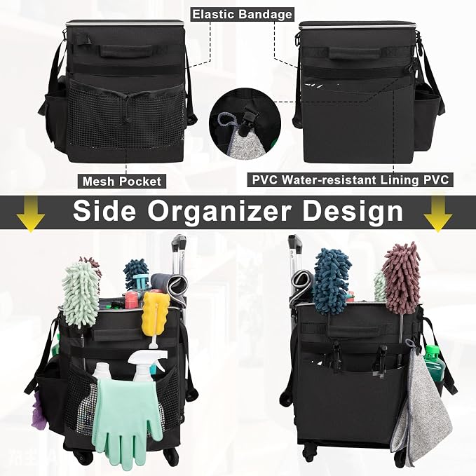 Large Rolling Cleaning Caddy with Wheels, Cleaning Supplies Organizer with Detachable Trolley, Water-resistant Cleaner Cart for Housekeepers, Multi Pocket Cleaning Cart with Shoulder Strap, Black - Image 7