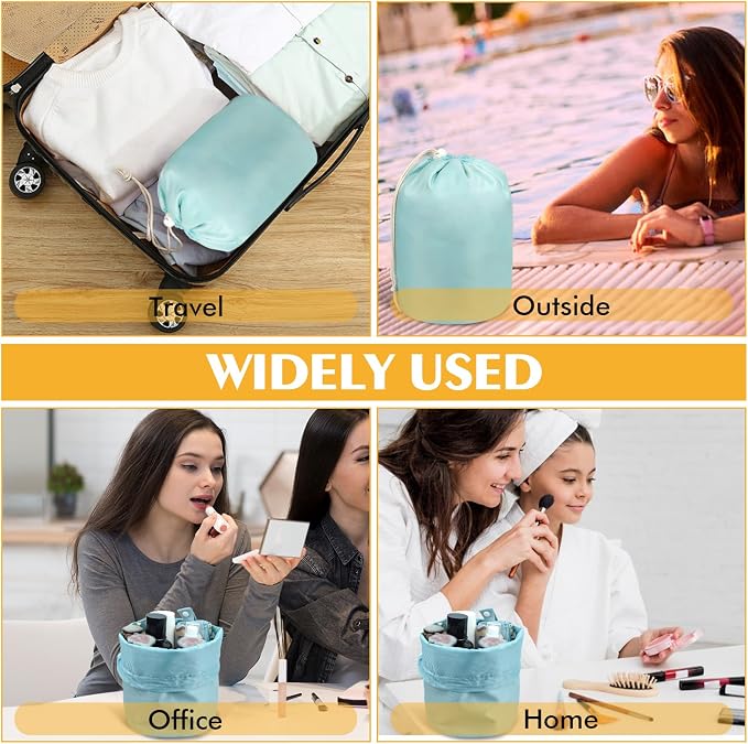 INVODA Drawstring Makeup Bag for Women Cosmetic Bag Large Travel Make up Bags Portable Barrel Toiletry Bag Toiletries Pouch Travel Cosmetic Organizer (Green) - Image 9