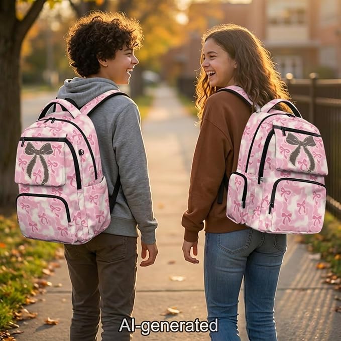 Pink Camo Bow 17 Inch Kids School Backpack Set, 4 Piece Backpack with Lunch Bag, Pencil Case and Water Bottle Holder, Lightweight School Bag for Elementary and Middle School - Image 2
