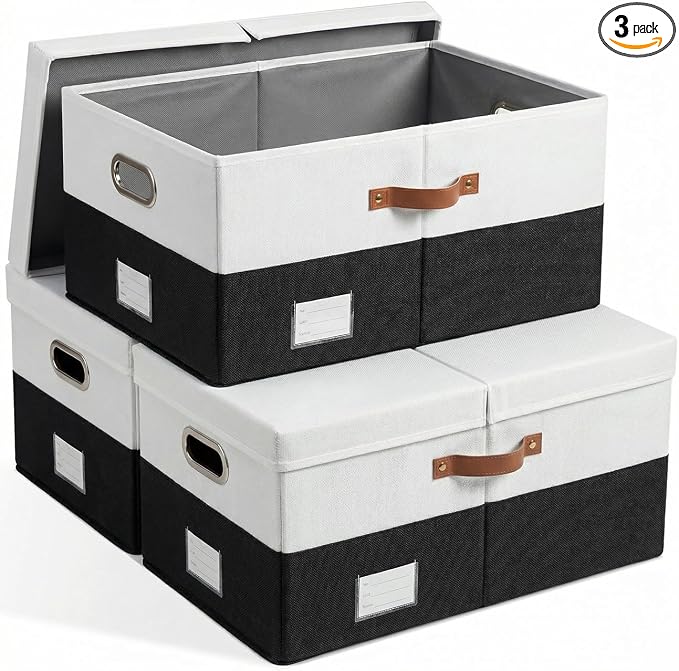 PRANDOM Storage Bins with Lids [3-Pack] Linen Fabric Foldable Storage Boxes Organizer Containers Baskets Cube with Cover for Bedroom Closet Office Grey&Black (23.4X15.9X11.4) by Prandom