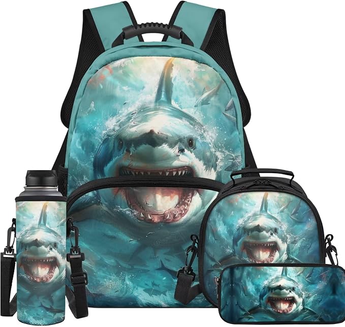 Boys School Backpack with Lunch Bag Deep Sea Shark Kindergarten School Supplies for Kids Ages 7-10 Boys Polyester Fabric Lightweight Fortable Back to School Backpack by Unknown
