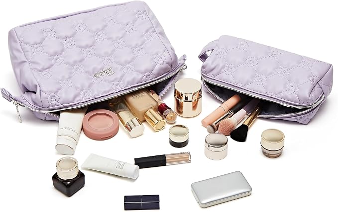 BOYATU Travel Makeup Bag Cosmetic Pouch: 2 Pcs Set Waterproof Vegan Leather Cosmetic Bags for Women - Cute Quilted Skincare Make up Toiletry Bag for Girl (03-Purple) - Image 3