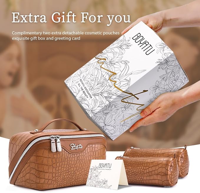 BOYATU Travel Makeup Bag Cosmetic Bags for Women: 3 Pcs Set Large Capacity Make up Bag with Handle - Crocodile Pattern Vegan Leather Toiletry Bags Travel Essentials with Compartments(E-2-Brown) - Image 6