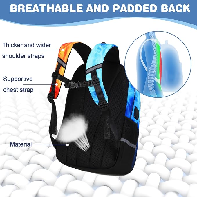 Bevalsa Backpack for Boys, School Bags for Kids, Bookbag for Boys Children Teens Backpacks for Elementary Middle High School Student, Bookbag and Lunch Bag Set with USB Charging Port (Flame) - Image 6