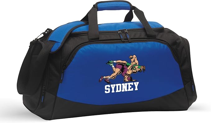 Customized Name Wrestling Duffle Bag – Large Gym Bag or Set with 32oz Water Bottle for Wrestlers and Coaches | Ventilated Shoe Compartment (Female Wrestler, Blue/Black, Gym Bag Only) by VitalSignsNW