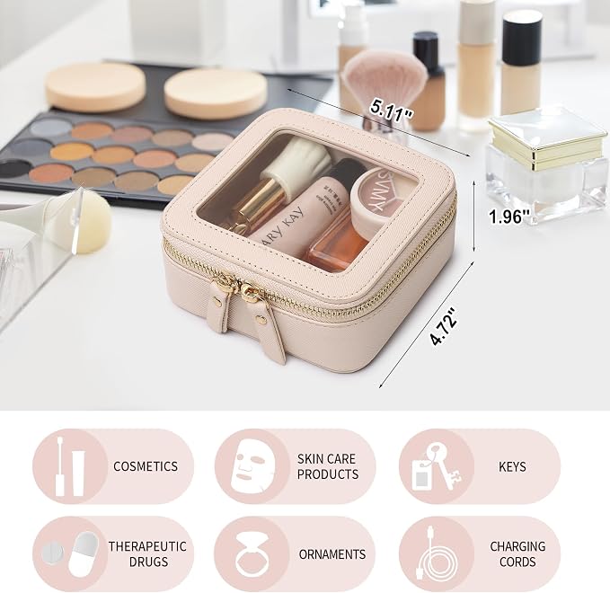 Clear Makeup Bag Set Portable Travel Cosmetic Bag and Toiletry Bag Women's Purse Pouch Cosmetic Stroage Organizer Bag with Zipper Car Essentials (Beige, M+Mini) - Image 3
