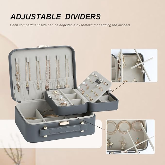 Travel Jewelry Case Large, Jewelry Box Large Jewelry Travel Organizer Jewelry Case with Handle, Best Gift for women Girls, Grey - Image 8