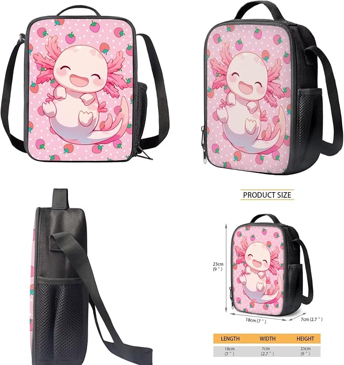 Cute Axolotl Backpack with Lunch Box Set for Girls 6-8/5-7 Strawberry Bookbag for 1st Grade Elementary School Back Pack Lunchbox Pencil Case Water Bottle Holder 4PCS Kids Preschool Book Bag - Image 5