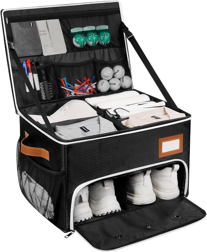 2 Layer Golf Trunk Organizer, Golf Organizer with 2 Pairs Shoes Compartment, Golf Storage Waterproof Car Trunk Locker for Balls, Caps, Clothes, Gloves, Accessories, Gifts for Golfers by XHGWJSX