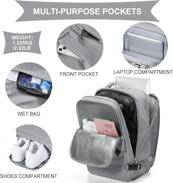 coowoz Vacuum Backpack Travel with Pump,Travel Backpack with Vacuum System For Women Men,Carry On Backpack,Hiking Backpack Waterproof Outdoor Sports Rucksack Casual Daypack,25L(Built-in Pump),Grey - Image 7