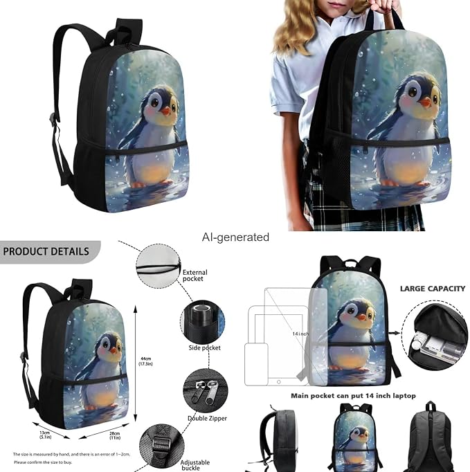 Penguin Backpack for Girls Kids Backpack with Lunch Box Water Bottle Holder with Strap and Kawaii Pencil Case 4PCS Set Cute Bookbag with Front Pocket 17 inch Large Capacity School Bag for Boys - Image 3