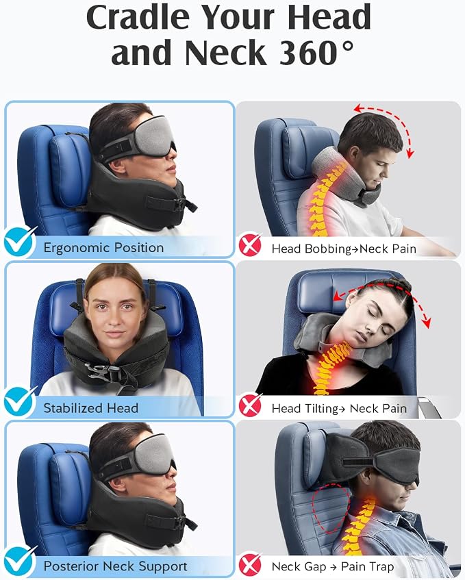 YFONG Travel Pillow for Long Flight Airplane, Head Strap Combo with 3D Contoured Sleep Eye Mask, Neck Pillow for Travel Essential, 360° Support Memory Foam Headrest, Prevent Bobbing, Drawstrap - Grey - Image 4
