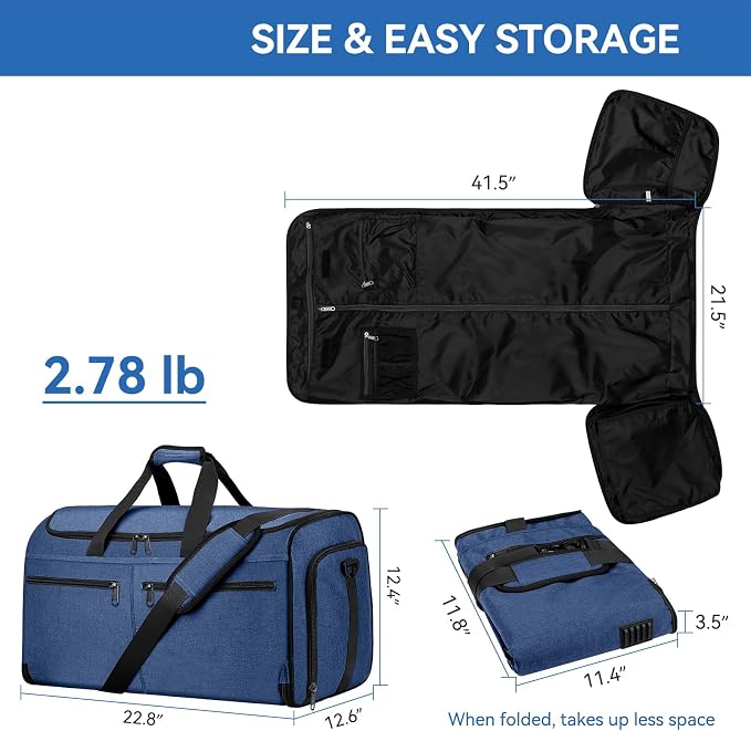 Large Garment Bag for Travel, Bukere Convertible Suit Travel Garment Duffel Bag for Men Women Business, Shoe Compartment, Detachable Shoulder Strap, Multi-Function 2 in 1 Weekender Bag, Blue - Image 2