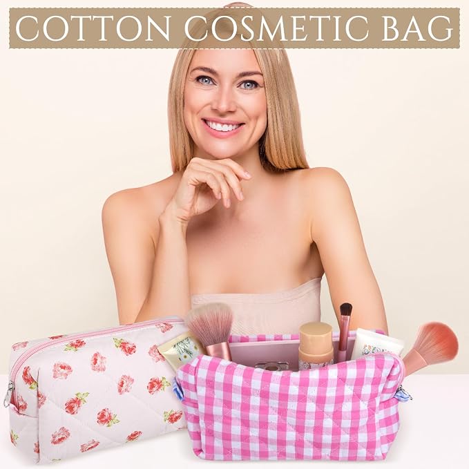 Paterr 10 Pcs Quilted Makeup Bag Bulk Cotton Floral Cosmetic Bag Women Girls Bridesmaid Gifts Cute Makeup Pouch Coquette Aesthetic Travel Toiletry Organizer(Beige Floral,7.87 x 4.72 x 3.15 Inches) - Image 7