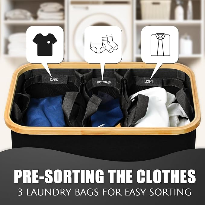Hampers for Laundry Basket with Lid, 145L Large Laundry Hamper 3 Section | Dirty Clothes Hamper Separator with 3 Removable Bags & 5 Labels, Divided Laundry Organizer for Bedroom, Laundry Room, Black - Image 3