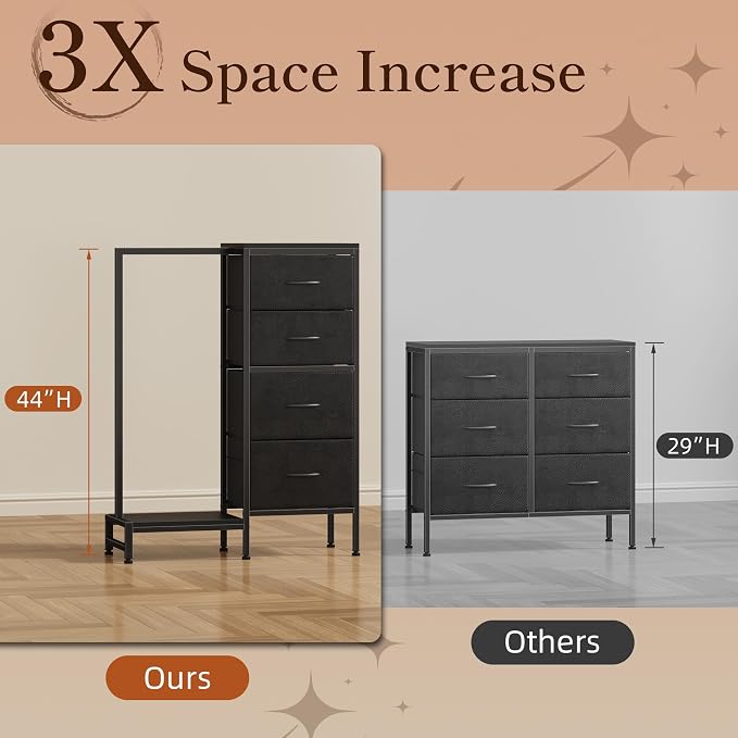 HIGDBFE Tall Dresser 44''H with Hanging Rack, 4 Drawers Small Closet Dresser for Bedroom, Reversible Fabric Chest of Drawers with Clothes Rack, Tall Storage Tower, Sturdy Frame, Black - Image 4