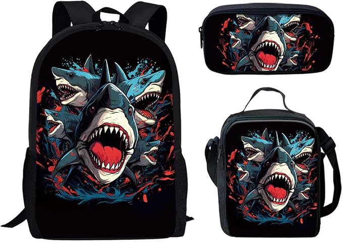 Forchrinse Shark 3Pcs Girls Backpack with Lunch Box Pencil Case,Preschool Elementary Middle School Bookbag Floral Lunch Box Pencil Case for Kids by Forchrinse