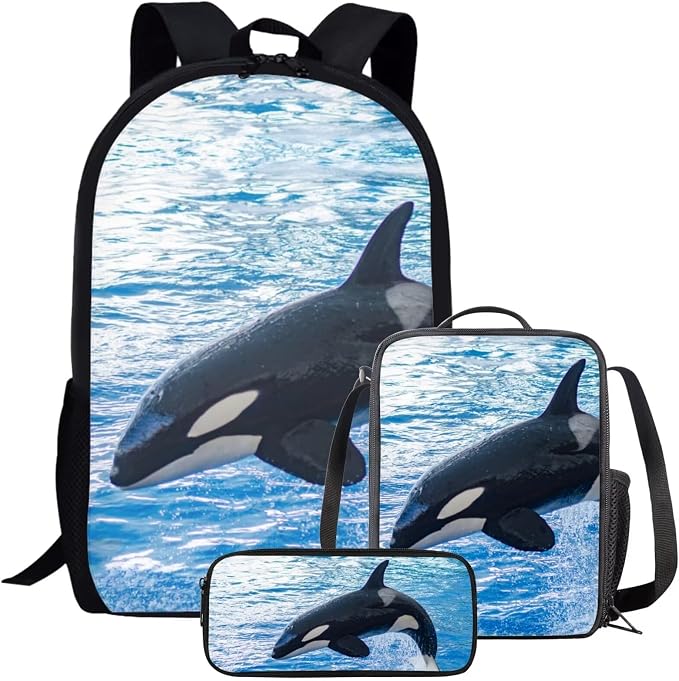 Girls Boys School Backpack with Lunch Box Pencil Case Comfy Padded Lightweight Killer Whale Backpack Set Kids Cute Bookbag Insulated Lunch Bag Student Large Capacity Daypack 17 Inch by Parprinty
