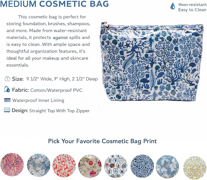 Jacaranda Living Medium Cosmetic Bag – Waterproof PVC-Lined Cosmetic & Toiletry Organizer, Zipper Pouch for Skincare, Makeup & Accessories, Blue Seashells - Image 7