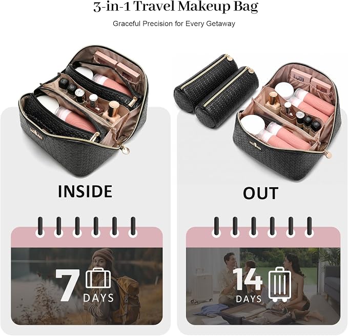 Travel Makeup Bag for Women: Designer 3 Pcs Set Cosmetic Bags for Women - Large Capacity Vagen Leather Hand-made for Toiletry Organizer - Ladies Travel Flat Open Essentials for Luxury (03Black) - Image 6