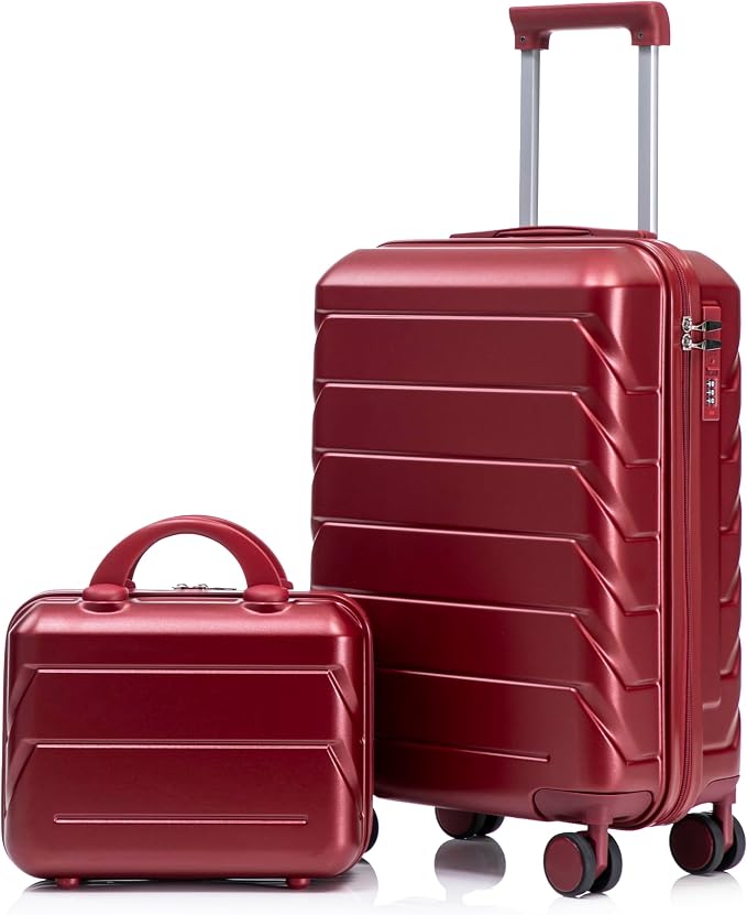 Gradient Color Suitcase 2-Piece Set, 20" Rotating Wheel Suitcase with 14" Cosmetic Case, Lightweight Durable Hardshell Luggage with 360° Spinner Wheels for Travel, Women & Girls (Wine Red) by Unknown
