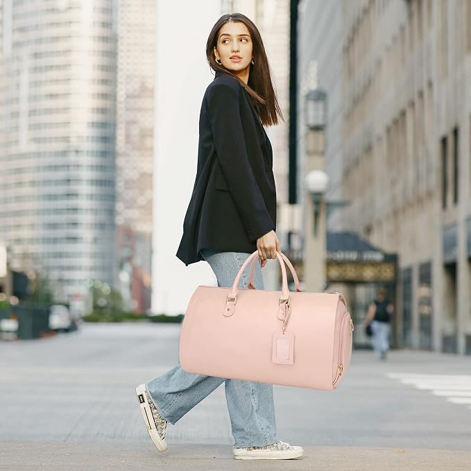 Modoker Women Convertible Leather Garment Bag with Shoulder Strap, Carry on Garment Duffel Bag - 2 in 1 Hanging Suitcase Suit Travel Bags Pink - Image 6