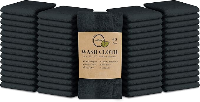 100% Cotton Washcloths 60 Pack (12x12 Inches) Soft, Highly Absorbent Washcloth, Face Towels, Wash Cloths for Face, Ring Spun, Bulk Pack (Grey) by Softolle