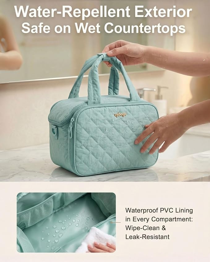 VPBAGE Large Quilted Toiletry Bag for Women, Puffy Travel Makeup Organizer with Removable Divider & Shoulder Strap, Waterproof Standing Cosmetic Case for Full-Size Toiletries, Gym, Vacation - Image 4