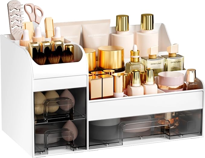 Makeup Organizer with Drawers,Large Cosmetic Storage Box,Countertop Skincare Organizer,ABS Makeup Brush Holder for Bathroom,Desk,Dresser,Multifunctional Beauty Display Case,White transparent by Unknown