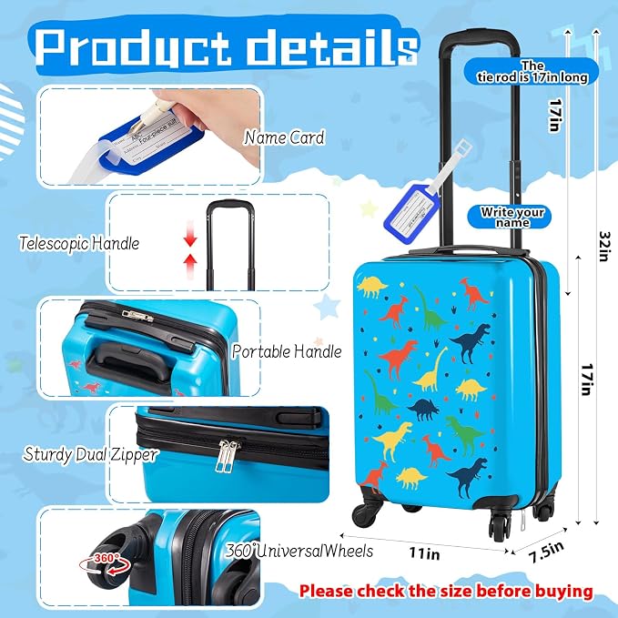 Redbaker 6 Pcs Kids Luggage Set, 17 Inch Rolling Suitcase with Backpack Lunch Bag Neck Pillow, Blue Dinosaur Travel Set for Summer Vacation Sleepover Back to School Gift - Image 2