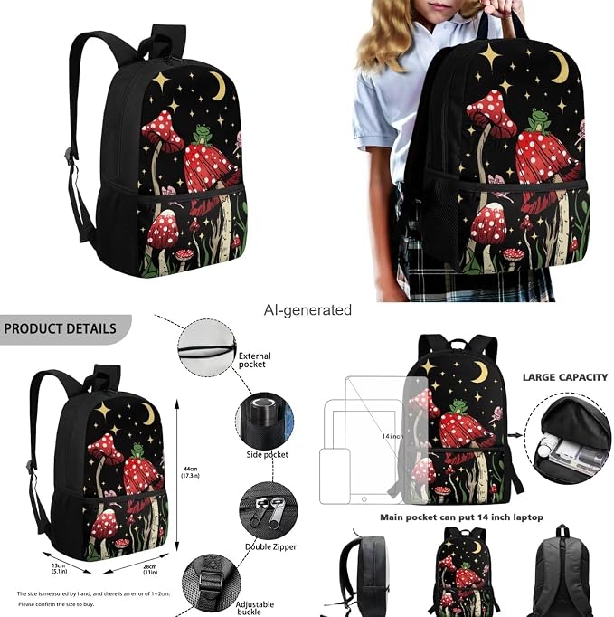 Mushroom Backpack for Girls Boys Backpack with Lunch Box Water Bottle Pouch and Cute Pencil Case 4PCS Set Bookbag with Front Pocket for School 17 inch Large Elementary School Bag for Kids - Image 3