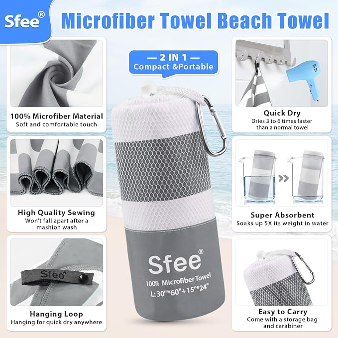 Sfee 2 in 1 Microfiber Beach Towel, Quick Dry Towel Camping Towel Travel Towel Super Absorbent Compact Lightweight Sports Gym Towels Set for Beach, Gym, Hiking, Pool, Backpacking, Bath, Yoga - Image 2