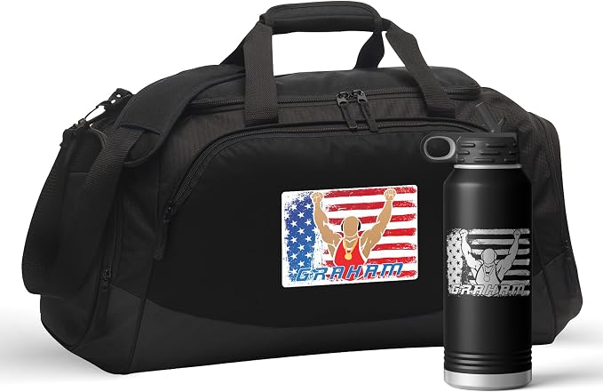Personalized Wrestling Duffel Bag Set Engraved Water Bottle | Wrestling Design Custom Name Wrestler Boys Girls Birthday Christmas Gift Gym Bag (USA Wrestler, Black/Black, Bag/Bottle Combo) by VitalSignsNW