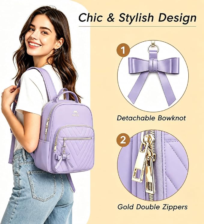 MATEIN Purple Backpack Purse, Fashion Cute Mini Bookbag for Women, 2pcs Set | Waterproof Ladies Girls Travel Backpack, Stylish Multipurpose Design Casual Daily Handbags, Shoulder Bag for Work School - Image 5