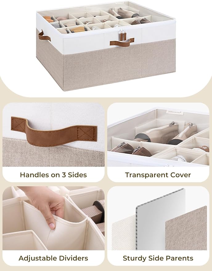 StorageWorks Shoe Organizer for Closet, Fits up to 24 Pairs, Shoe Cubby Storage Containers with Adjustable Dividers and Clear Cover, Brown & White - Image 6