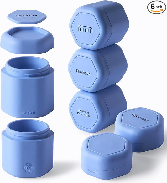 Cadence Travel Containers - 6 Piece Haircare Set - Magnetic Travel Capsules - 2 Small & 4 Medium Capsules - Shampoo, Conditioner, Leave-In Conditioner, Comb, Hair Serum, Hair Gel Labels - Pacific by KeepYourCadence