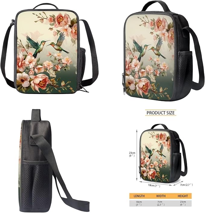 Rose Floral Hummingbird Print Backpack Set 17 Inch Schoolbag Large Capacity Bookbag Lunch Box Pencil Case Casual Rucksack Lightweight Daypack with Ergonomic Straps for Hiking - Image 4
