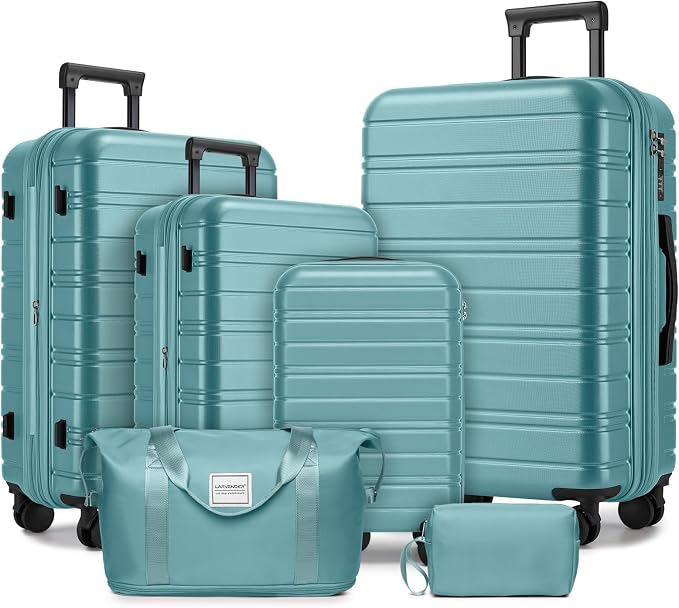 6 Piece Luggage Set Hard Shell - Misty Blue Expandable Suitcases with Spinner Wheels and Duffel Bags for Family Travel, Durable Carry On Luggage Sets with Lock for Women and Men by Unknown