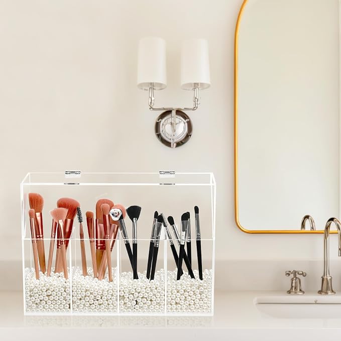 Vevitts Acrylic Makeup Organizer, Clear Cosmetic Brush Storage Box With 4 Brush Holders (Pearl not included),Makeup Brush Holder with Dust Cover, Large-capacity Split Design Organize the Desktop - Image 7
