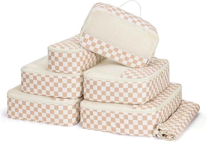 Narwey 7 Set Checkered Packing Cubes for Travel Carry on Suitcase Luggage Organizer Bags for Kids Women Men, Durable Packing Organizers Bag, Travel Essentials Accessories (Light Checkerboard) by Narwey