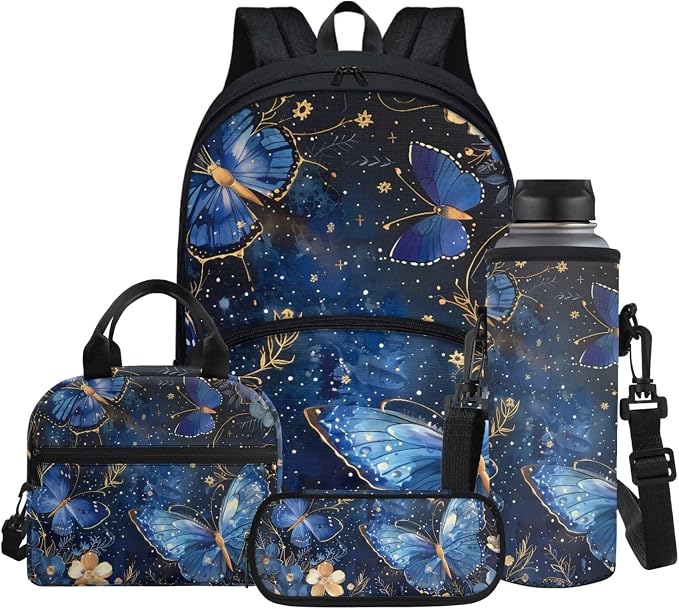 Blue Butterfly Backpack Teen Girls Kids School Bookbag Casual Daypacks Travel Backpack with Lunch Box & Pencil Case & Water Bottle Sling Bag by Glomenade
